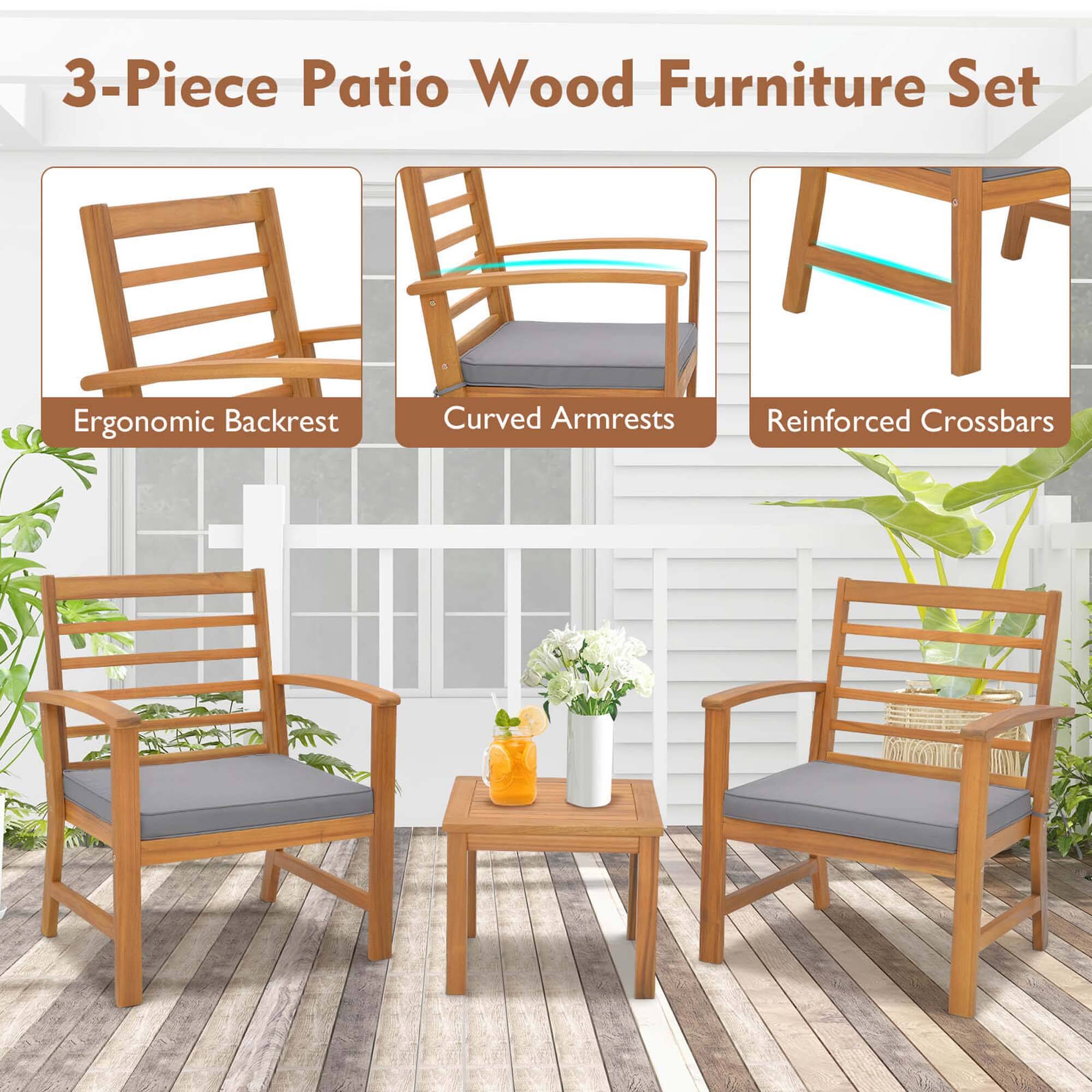 3-Piece Patio Wood Furniture Set
Ergonomic Backrest
Curved Armrests
Reinforced Crossbars