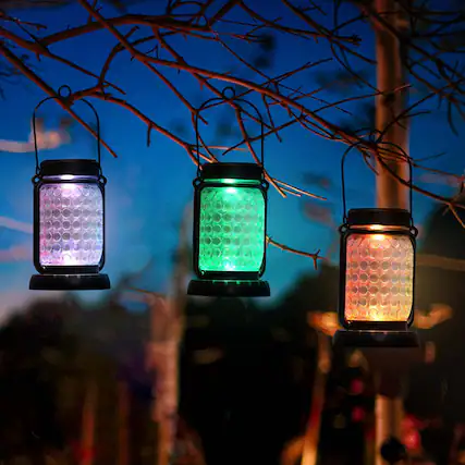Front. Oumilen - 2-in-1 Solar Bubble Glass Jar Lantern Lights – RGB Color Changing Outdoor Hanging Ground Stake for Garden Patio.