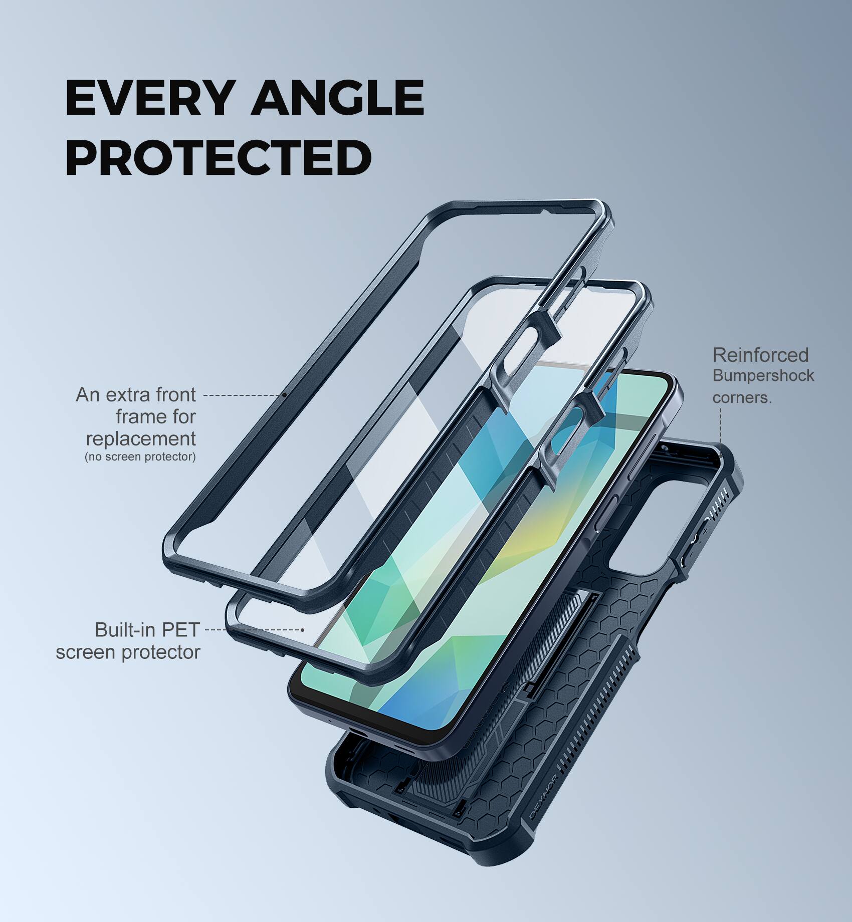 EVERY ANGLE PROTECTED

An extra front frame for replacement (no screen protector)

Built-in PET screen protector

Reinforced Bumpershock corners.