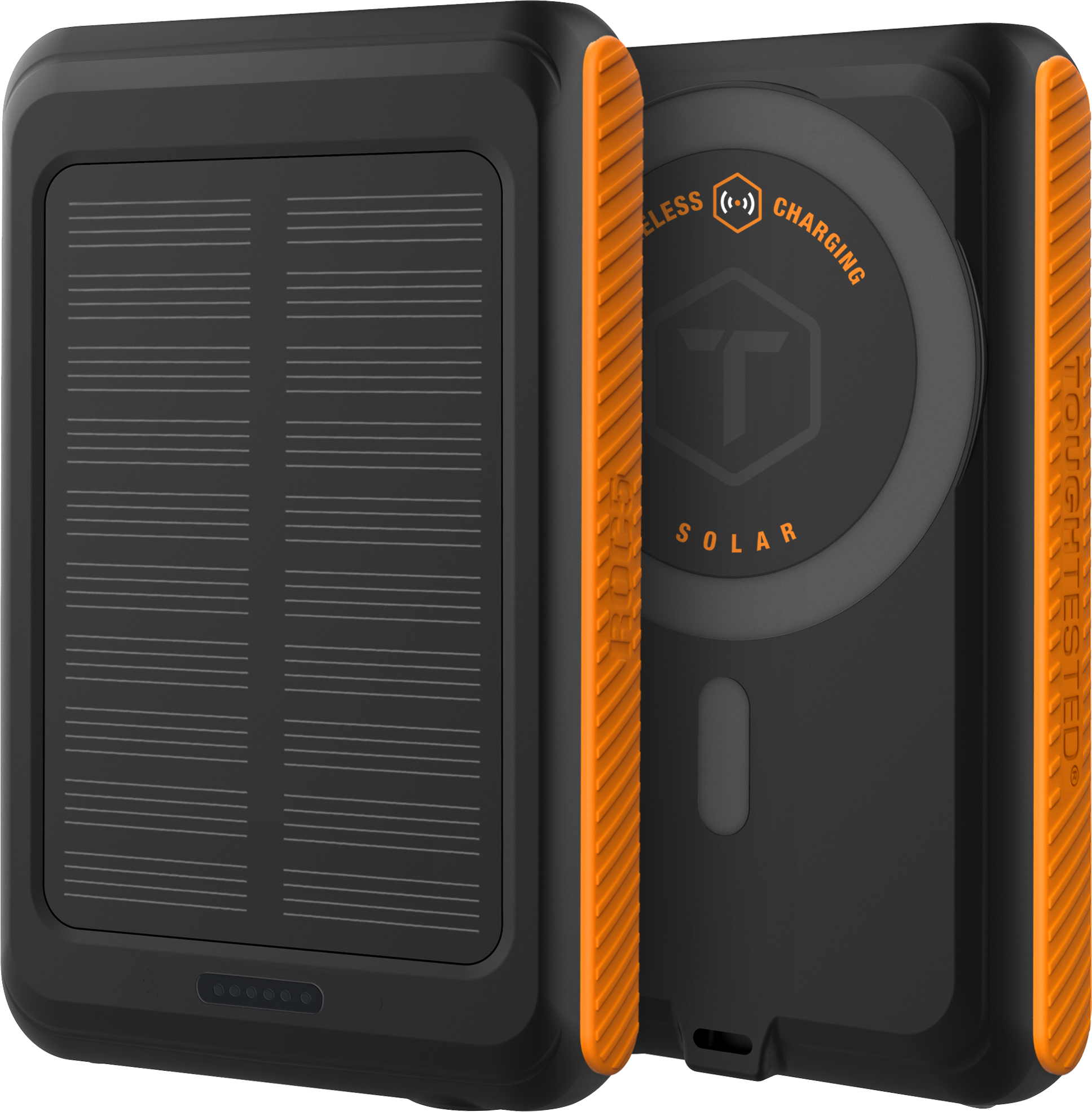 ToughTested - Solar ROC5 Wireless Charging Power Bank — 5000mAh with Multimode Flashlight & IP54 Weatherproof - Black Orange