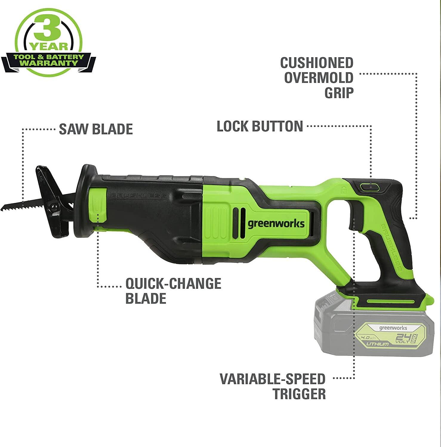 3 YEAR TOOL & BATTERY WARRANTY

CUSHIONED OVERMOLD GRIP

SAW BLADE

LOCK BUTTON

QUICK-CHANGE BLADE

VARIABLE-SPEED TRIGGER

24V LITHIUM

greenworks