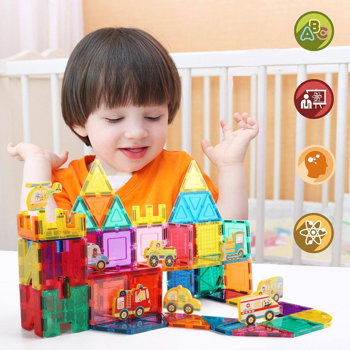 Alt View 6. PicassoTiles - PICASSO-TILES Magnetic Tiles for Kids, Metro City Vehicles Theme Construction STEM Building Blocks Educational Toy - Multicolor.