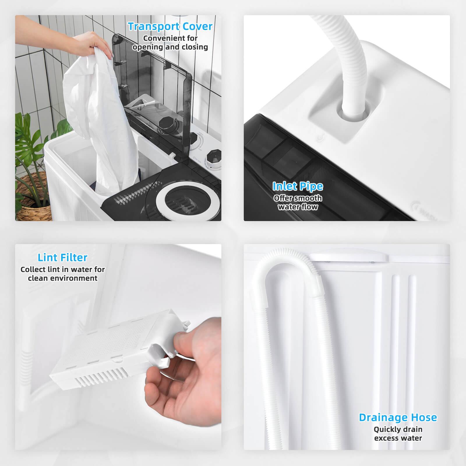 - Transport Cover
  - Convenient for opening and closing

- Inlet Pipe
  - Offers smooth water flow

- Lint Filter
  - Collect lint in water for clean environment

- Drainage Hose
  - Quickly drain excess water