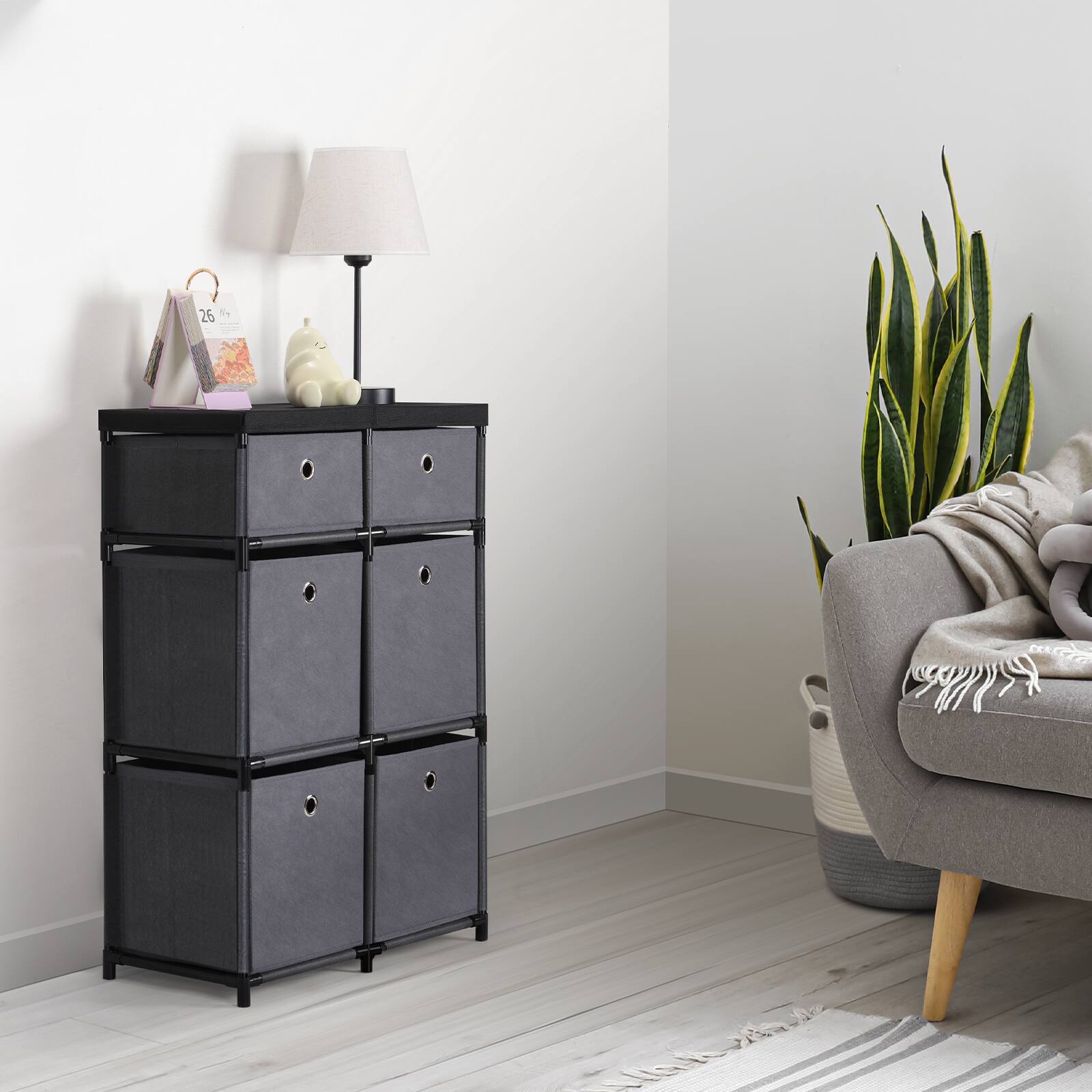 Alt View 1. Oumilen - 6-Drawer Fabric Storage Dresser with Rustic Wood Top, Black - Gray.