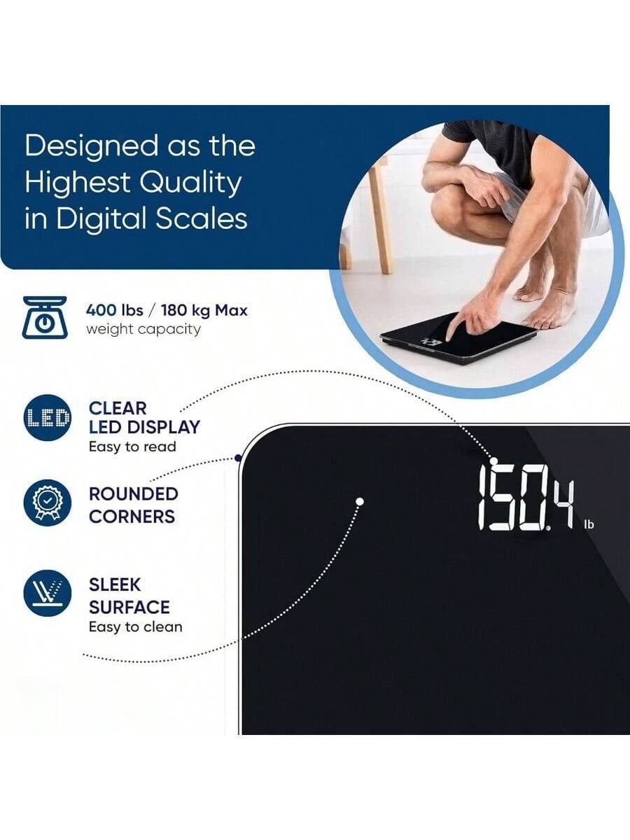 Designed as the Highest Quality in Digital Scales

- 400 lbs / 180 kg Max weight capacity
- CLEAR LED DISPLAY Easy to read
- ROUNDED CORNERS
- SLEEK SURFACE Easy to clean