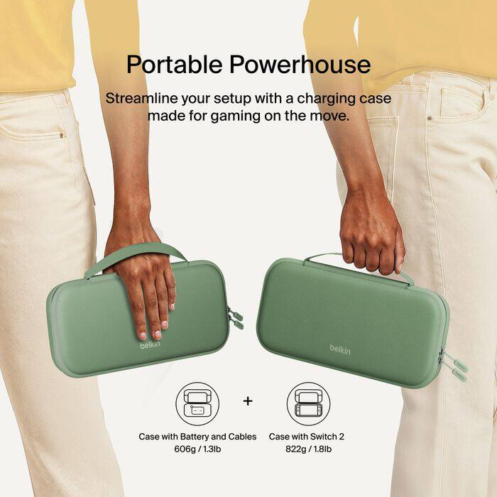 Portable Powerhouse  
Streamline your setup with a charging case made for gaming on the move.  

belkin  
belkin  

Case with Battery and Cables  
606g / 1.3lb  

+  

Case with Switch 2  
822g / 1.8lb
