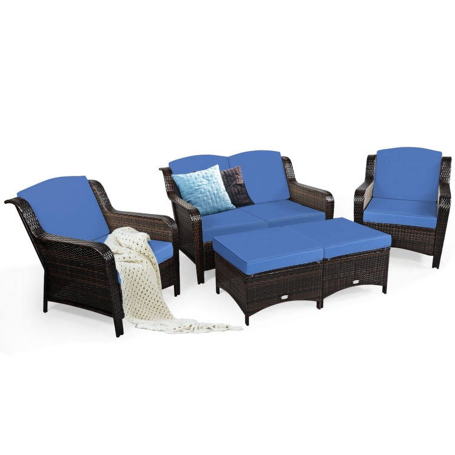Alt View 4. Kadyn - 5 Pcs Patio Cushioned Rattan Furniture Set, All Weather Outdoor Sectional Sofa - Blue.