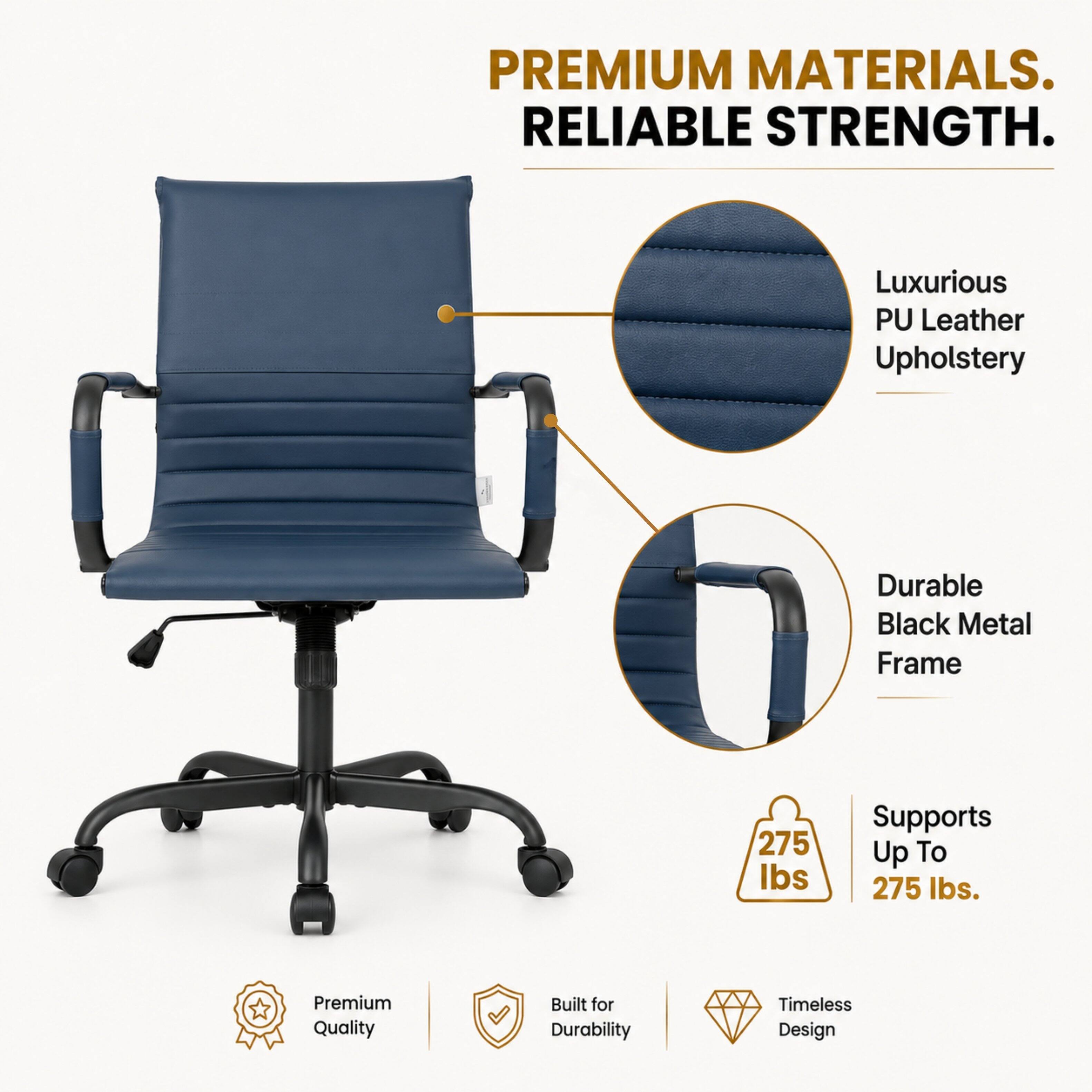 PREMIUM MATERIALS. RELIABLE STRENGTH.

Luxurious PU Leather Upholstery

Durable Black Metal Frame

Supports Up To 275 lbs.

Premium Quality

Built for Durability

Timeless Design