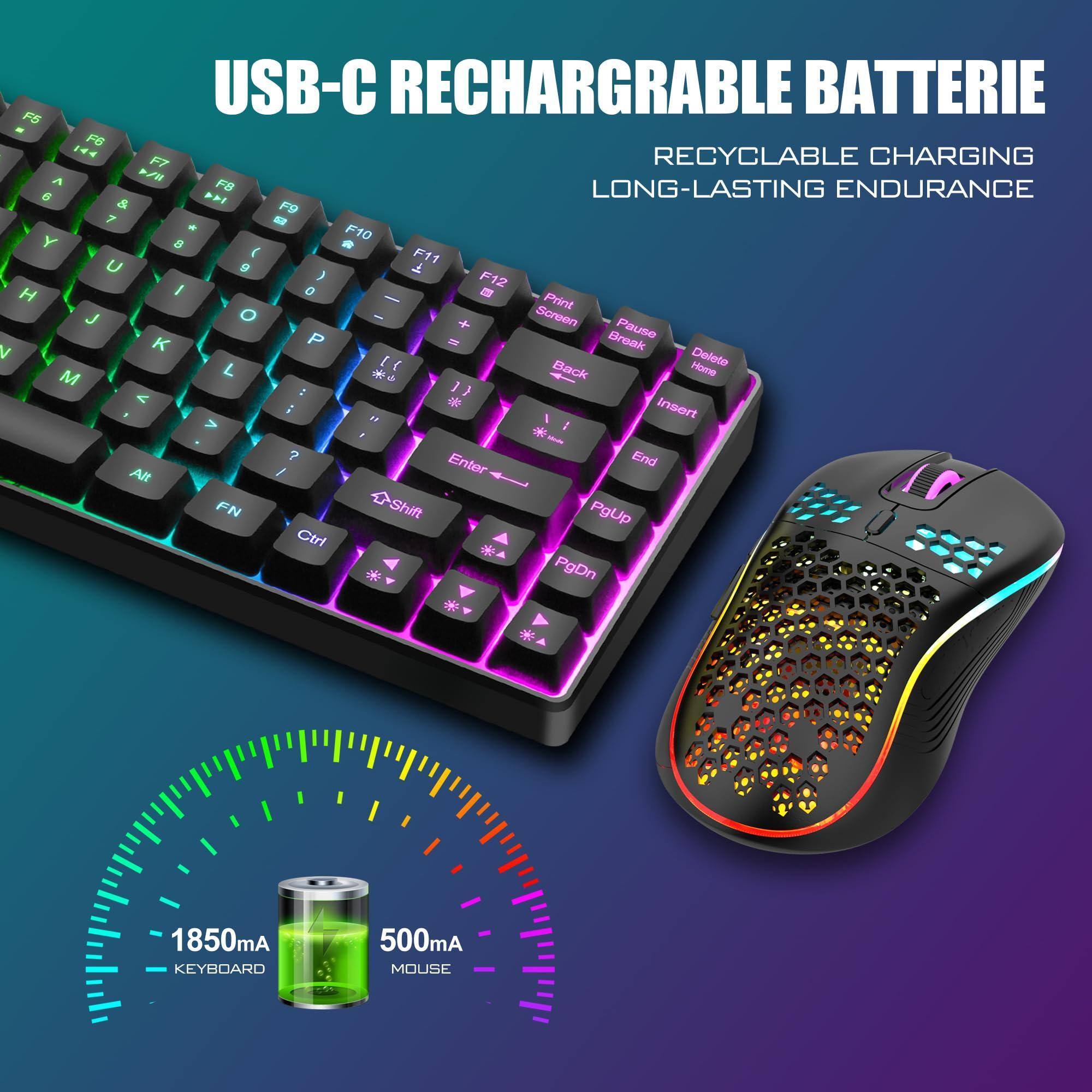 USB-C RECHARGABLE BATTERIE  
RECYCLABLE CHARGING  
LONG-LASTING ENDURANCE  

1850mA KEYBOARD  
500mA MOUSE