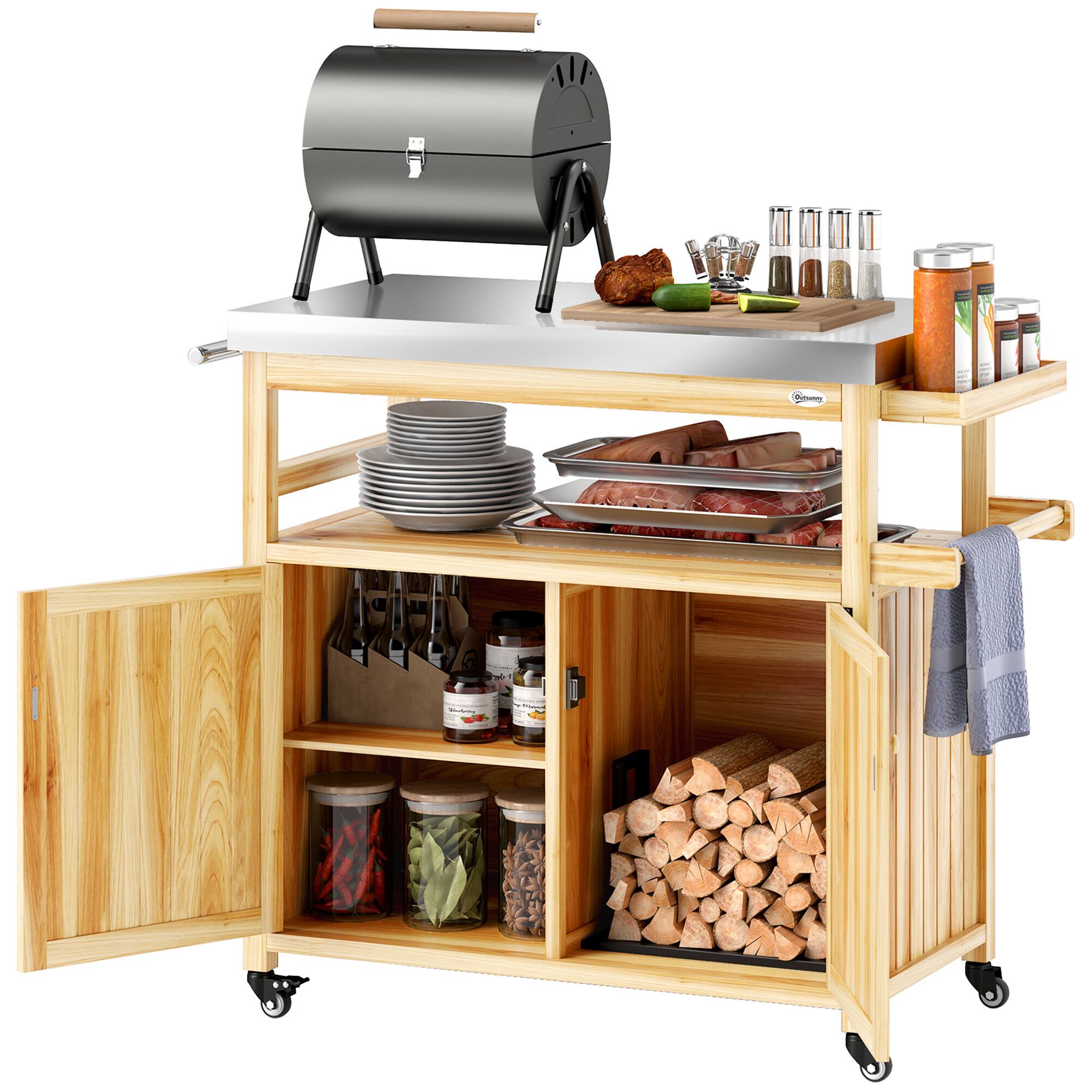 Front. Outsunny - Outdoor Grill Cart with Wheels and Storage, Solid Wood Outdoor Kitchen Island with Stainless Steel Top - Natural Wood.