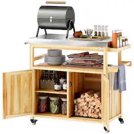 Outsunny - Outdoor Grill Cart with Wheels and Storage, Solid Wood Outdoor Kitchen Island with Stainless Steel Top - Natural Wood