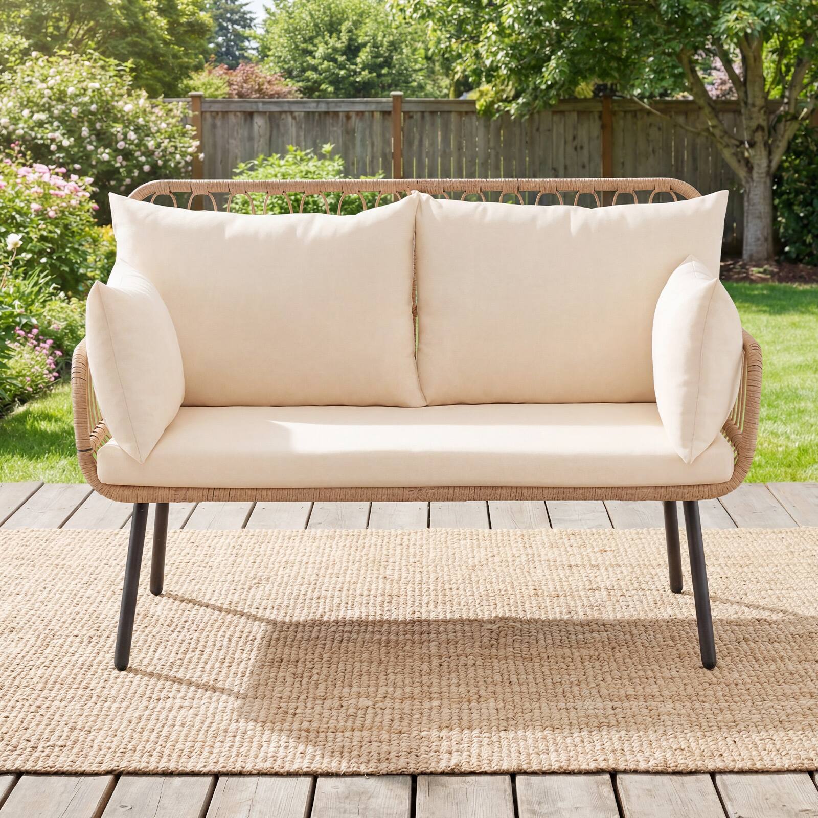 Alt View 3. Costway - Costway Outdoor 2-Seater Sofa with Pillows, Cushions, Metal Frame & Adjustable Foot Pads - Natural & Off White.