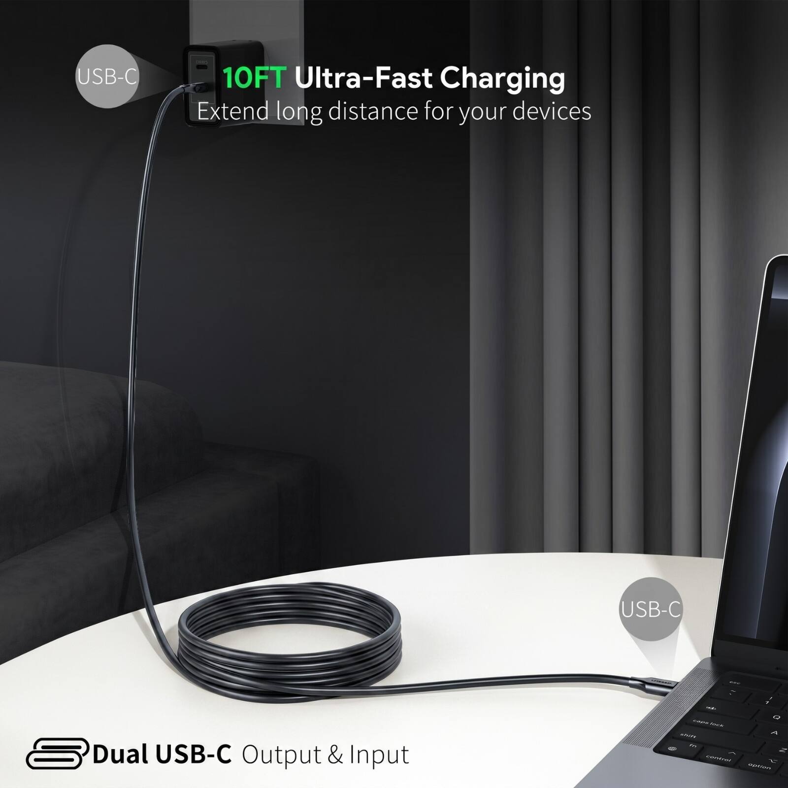 USB-C 10FT Ultra-Fast Charging Extend long distance for your devices USB-C Dual USB-C Output & Input