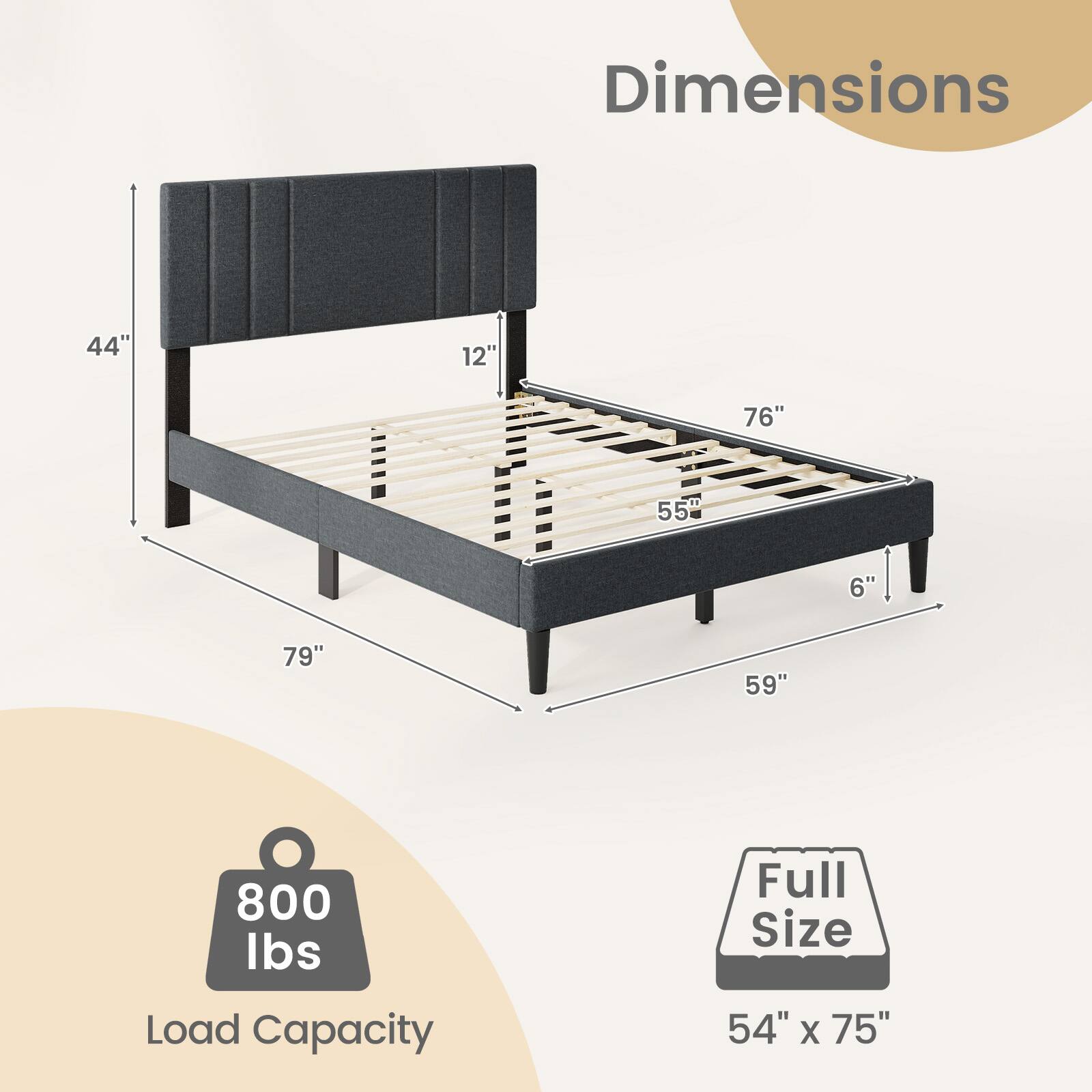 Dimensions: 44", 12", 76", 55", 6", 79", 59"

Load Capacity: 800 lbs

Full Size: 54" x 75"