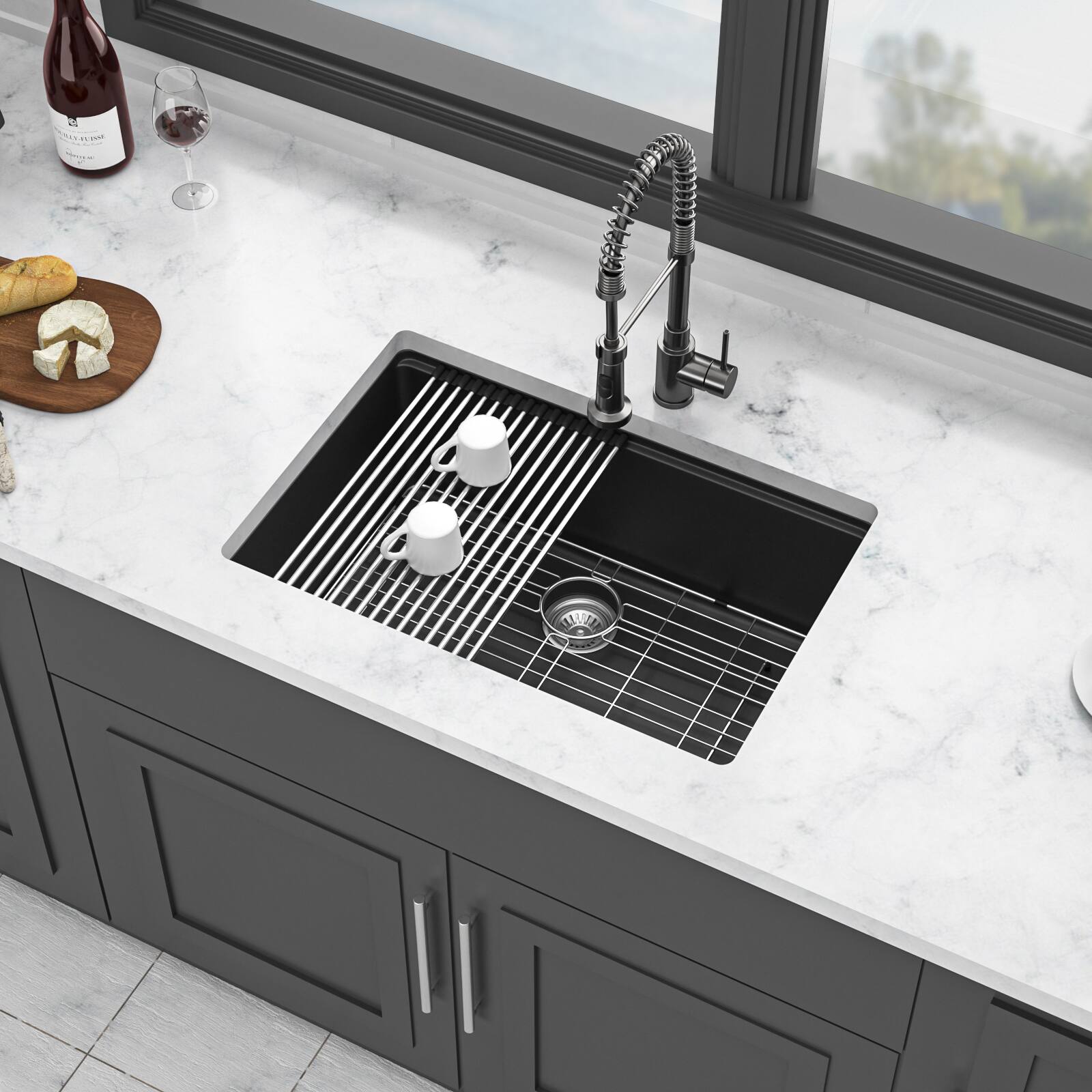 Left. Siljoy - Quartz Kitchen Sink - 28" x 19" x 9.65" Black granite composite Workstation undermount kitchen sink - Black.