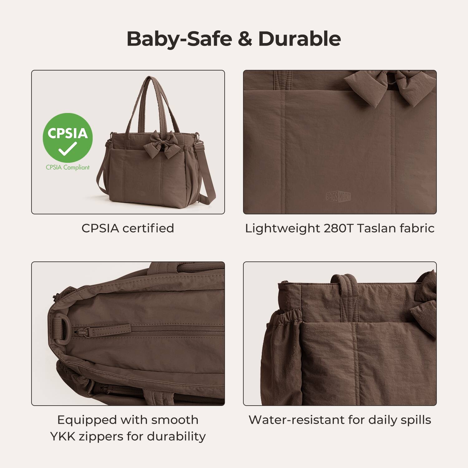 Baby-Safe & Durable

CPSIA
CPSIA Compliant
CPSIA certified

Lightweight 280T Taslan fabric

Equipped with smooth YKK zippers for durability

Water-resistant for daily spills