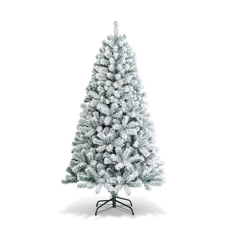 Front. WELLFOR - 6ft Unlit Artificial Christmas Tree, Snow‑Flocked Hinged Xmas Tree with 600 Branch Tips for Holiday Decoration - Green & White.