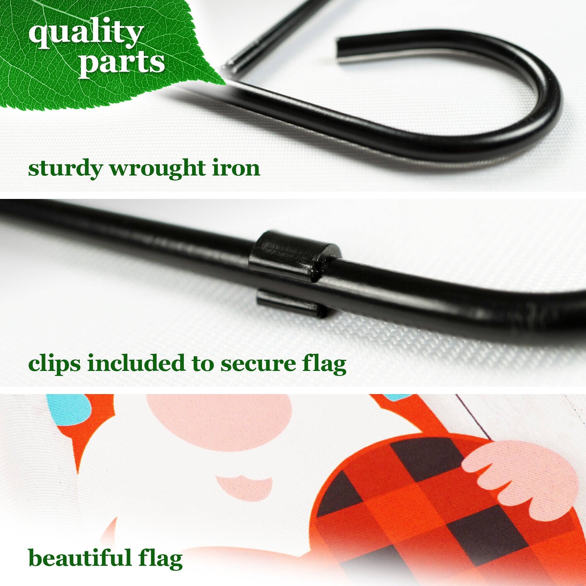 quality parts  
sturdy wrought iron  
clips included to secure flag  
beautiful flag