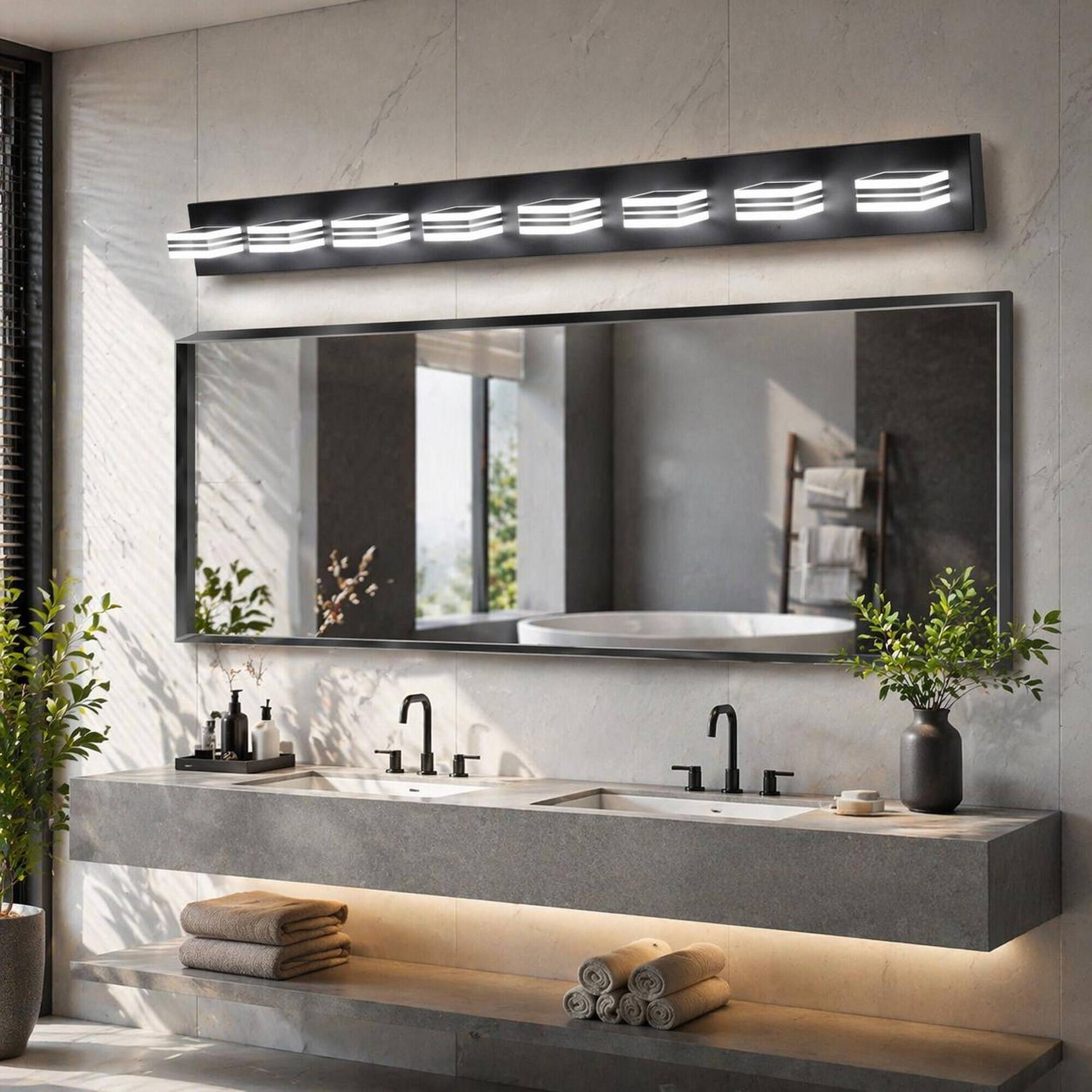 Back. RYHNUYNE - Black 8‑Light LED Vanity Light,Modern Bathroom Wall Light Fixture, Over Mirror Bath Vanity Lighting for Bathroom - Black.