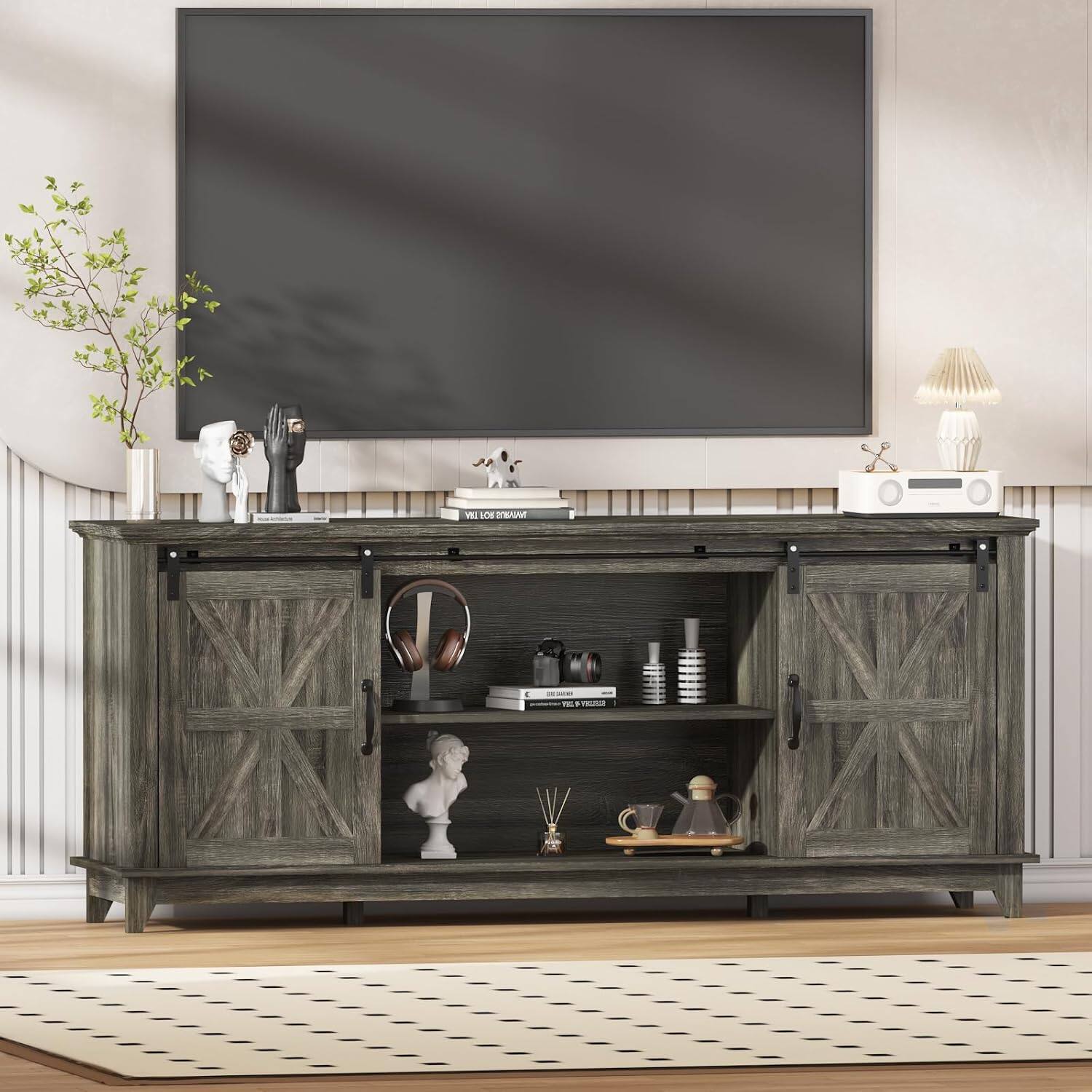 Alt View 3. GARVEE - Modern Farmhouse TV Stand, 66", Sliding Barn Doors, Storage, Power & USB, TV up to 75", Dark Oak - Oak.