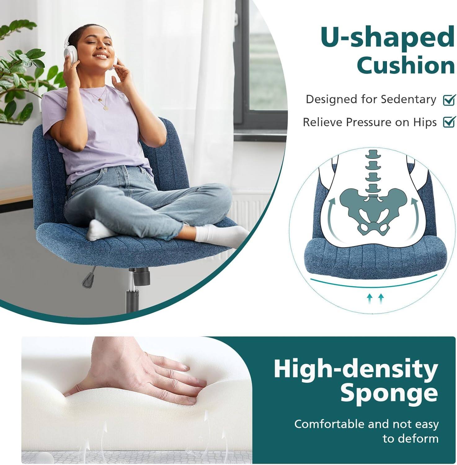 U-shaped Cushion  
Designed for Sedentary  
Relieve Pressure on Hips  

High-density Sponge  
Comfortable and not easy to deform