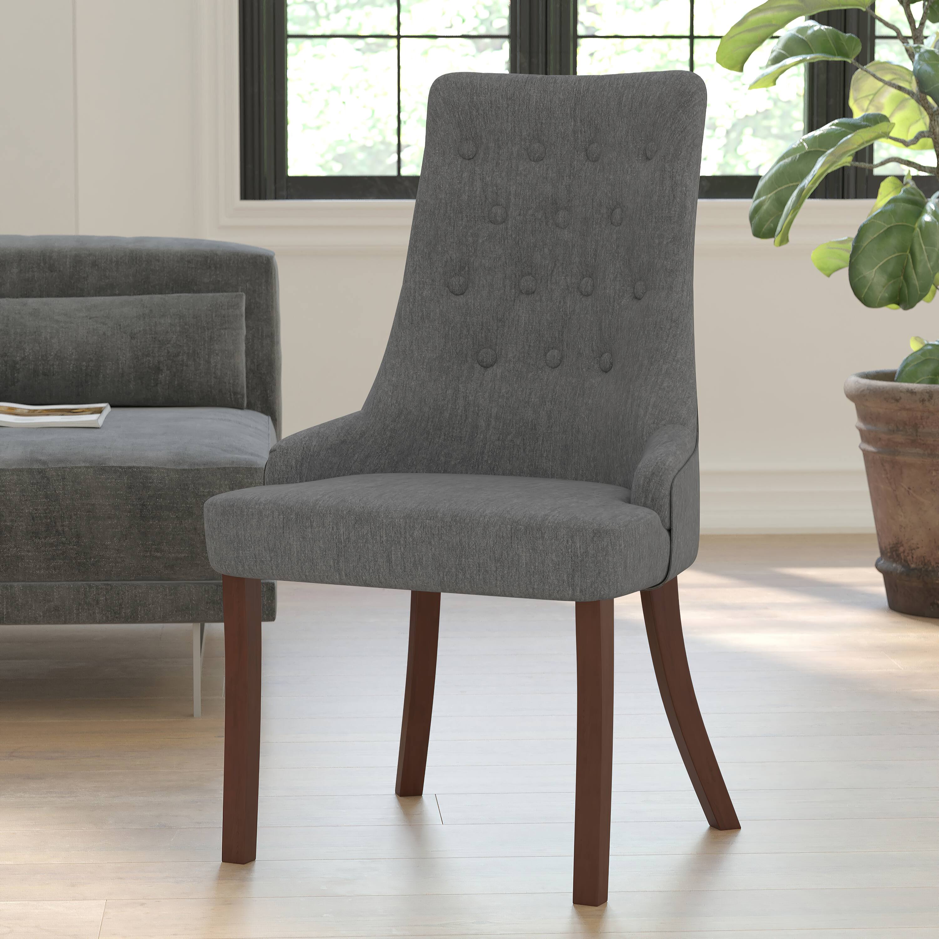Alt View 1. Emma + Oliver - Tufted Chair with Curved Mahogany Legs - Gray Fabric.