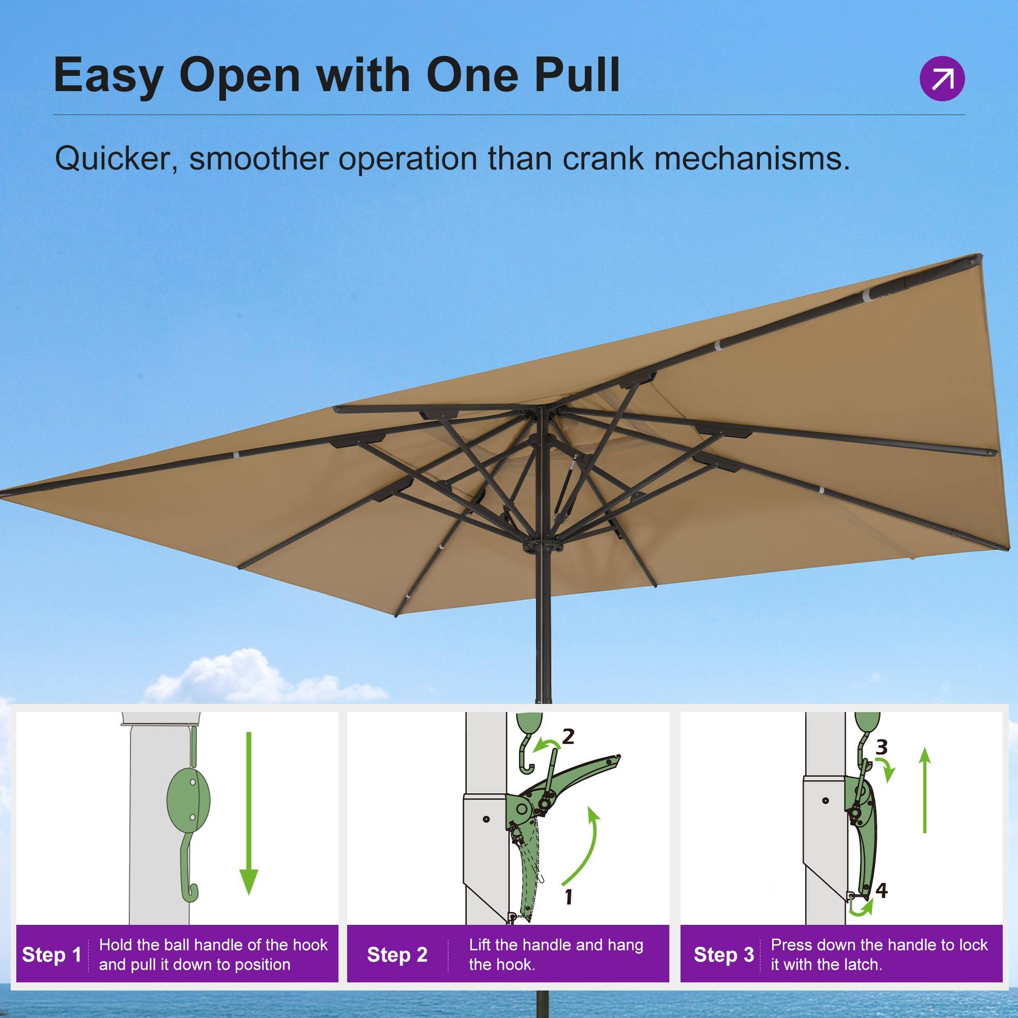 Easy Open with One Pull  
Quicker, smoother operation than crank mechanisms.  

Step 1: Hold the ball handle of the hook and pull it down to position.  
Step 2: Lift the handle and hang the hook.  
Step 3: Press down the handle to lock it with the latch.