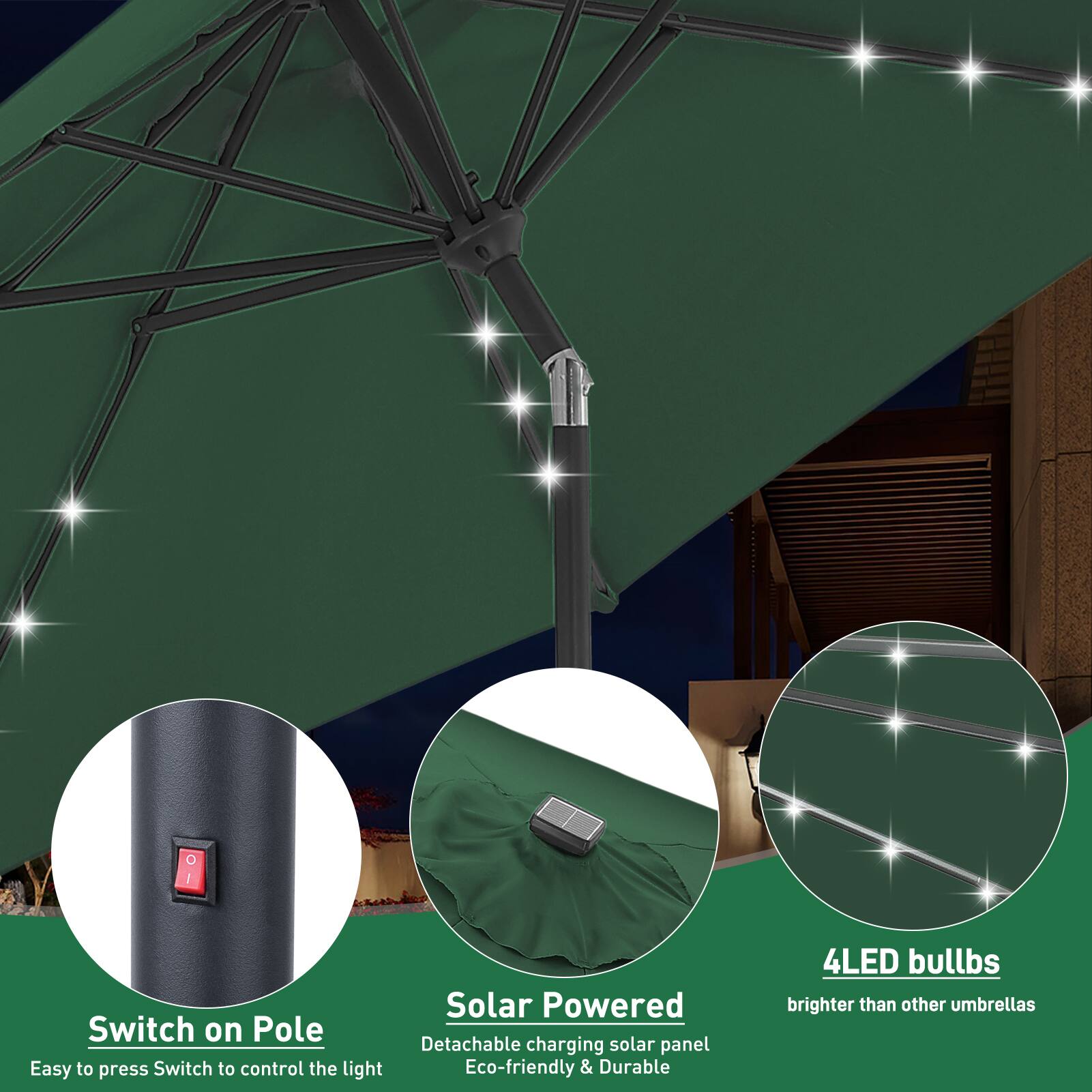 - Solar Powered
  - Detachable charging solar panel
  - Eco-friendly & Durable

- Switch on Pole
  - Easy to press Switch to control the light

- 4LED bulbs
  - Brighter than other umbrellas