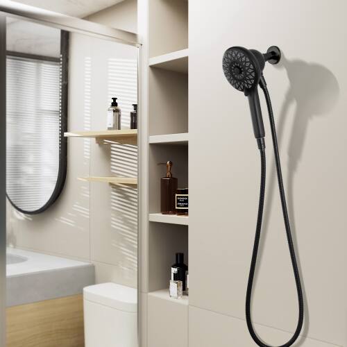 Angle. MOOSOO - High Pressure Shower Head 6 Spray Mode, Magnetic Shower Head for Bathroom, Handheld Shower with 60" Stainless Steel Hose - Black.
