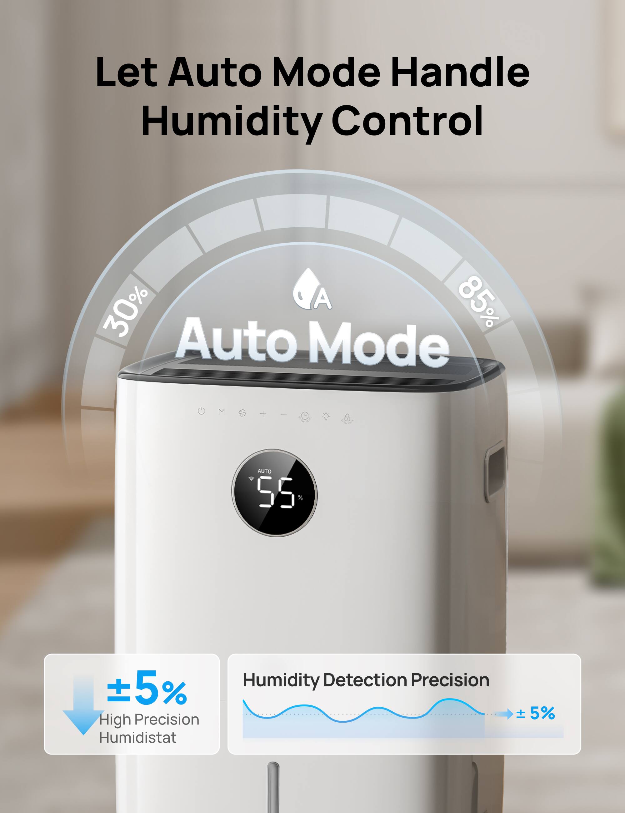 Let Auto Mode Handle Humidity Control

Auto Mode

55%

±5% High Precision Humidistat

Humidity Detection Precision ±5%