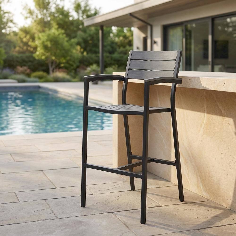 Left. Outdoor Escape - Stylish Outdoor Patio Bar Stool With Armrests And Comfortable Seat - Brown.