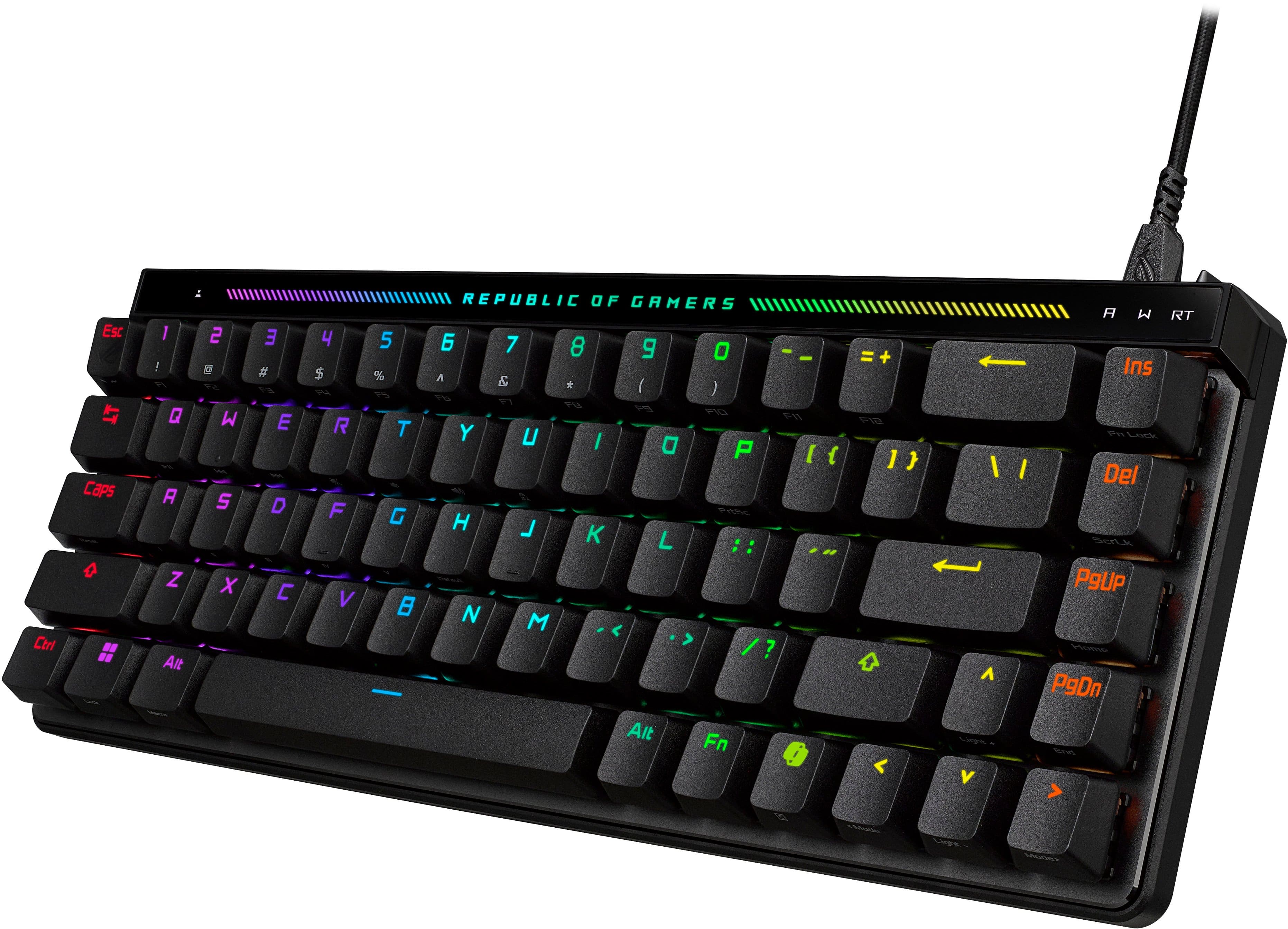 Republic of Gamers is a brand of computer keyboards and other gaming accessories. The image shows a close-up of a Republic of Gamers keyboard, which features a colorful design with various shades of blue, green, purple, and orange. The keyboard is equipped with illuminated keys, making it visually appealing and easy to use in low light conditions. The keyboard is designed to enhance the gaming experience by providing a comfortable and responsive typing experience.