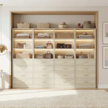 Front. Aheaplus - 7.1FT Freestanding Closet Organizer System 4-Piece Set, with 12 Wooden Drawers and 8 Shelves, Easy Assembly - Beige Oak.