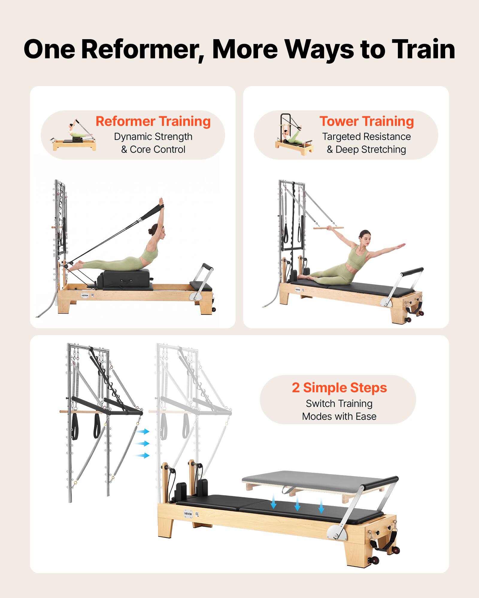 One Reformer, More Ways to Train

Reformer Training
Dynamic Strength & Core Control

Tower Training
Targeted Resistance & Deep Stretching

2 Simple Steps
Switch Training Modes with Ease