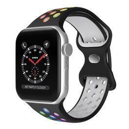 StrapsCo - ColorBlock Active Strap Silicone Rubber Watch Band For Apple Watch - 44mm/45mm/46mm/49mm/Ultra (Short-Medium) - Black & Rainbow