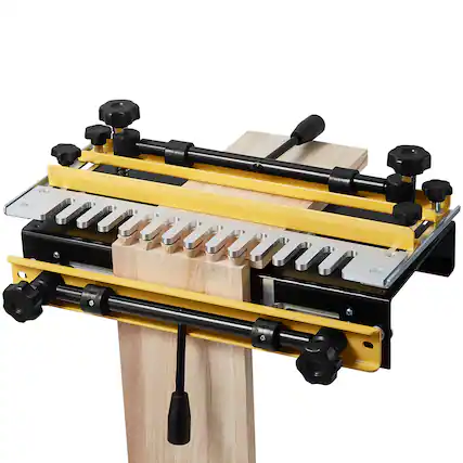 Front. VEVOR - Dovetail Jig, 12 in Width, Dove Tailing Router Jigs with Router Bit & 1/2” Template, Precise Alignment Dove Tail Jig - Yellow;Silver;Black.
