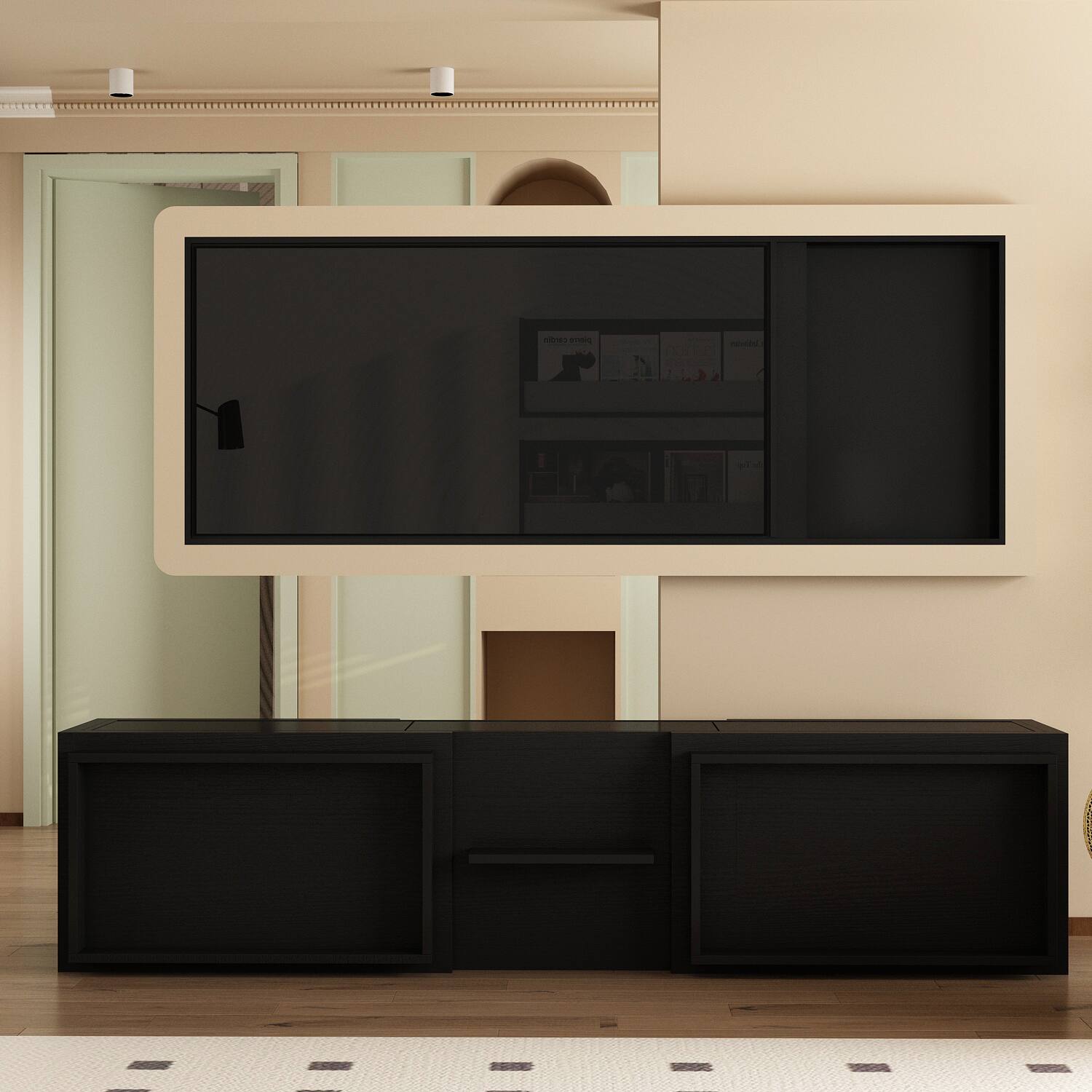 Alt View 1. FUFU&GAGA - Extendable TV Stand for 80 Inch TVs, Entertainment Center with Storage Drawers and Open Shelves, Modern Media Console - Black.