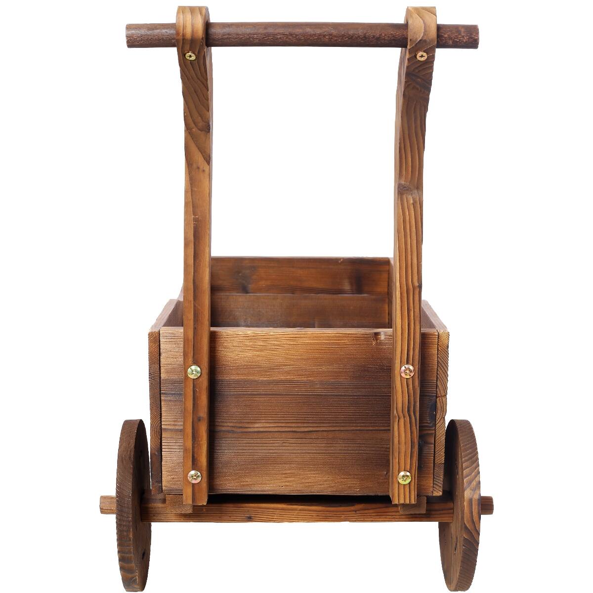 Alt View 6. Loheer - Loheer Wooden Wagon Planter with Wheels, Carbonized Fir Wood Flower Cart with Handle and Drainage, Brown.