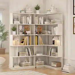 RYHNUYNE - 66.93 in Extendable Corner Bookshelf Set 2-Tier MDF Display Shelf with 80 cm Bookcase Oak - White
