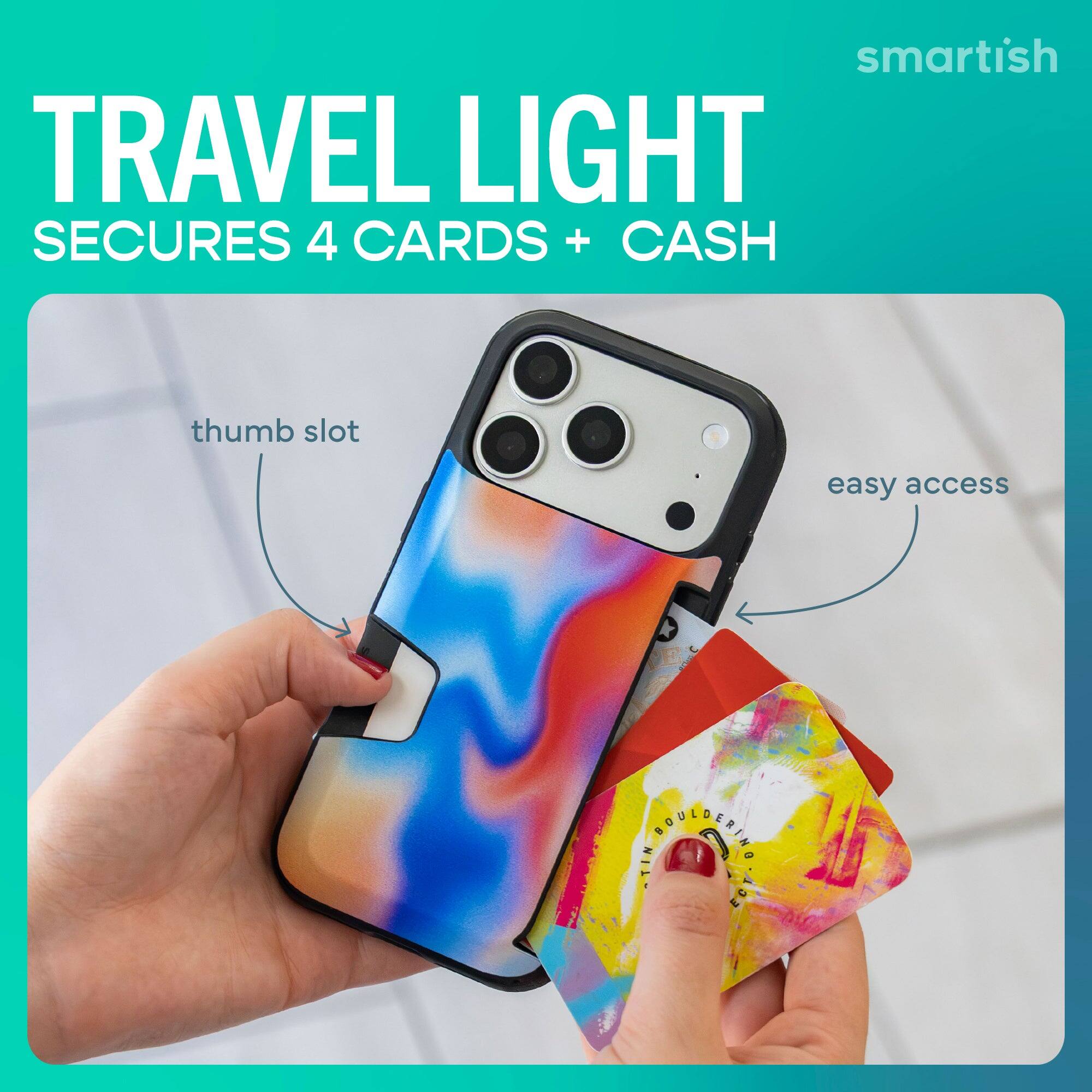 smartish TRAVEL LIGHT SECURES 4 CARDS + CASH  
thumb slot  
easy access