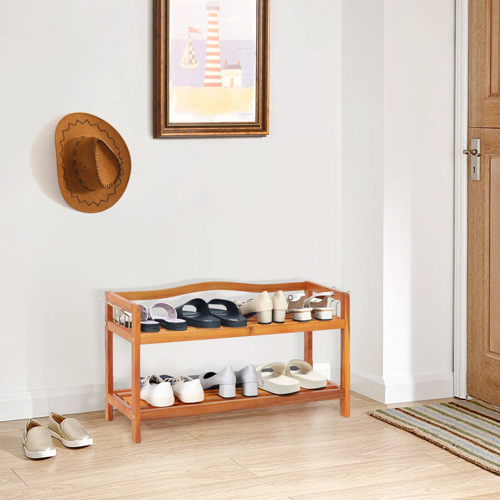 Back. Sugift - 2-Tier Acacia Wood Shoe Rack with 4 Side Metal Hooks - Natural.