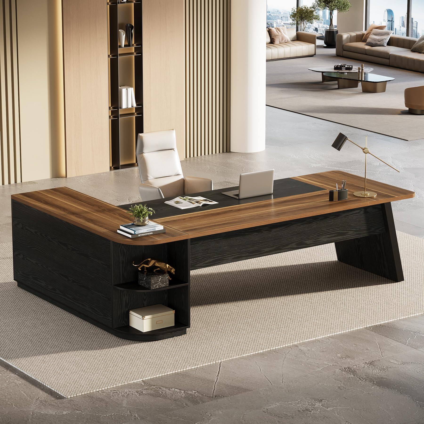 Alt View 3. Tribesigns - 79" Executive Desk, Large Office Desk with Cabinet, L-Shaped - Brown.