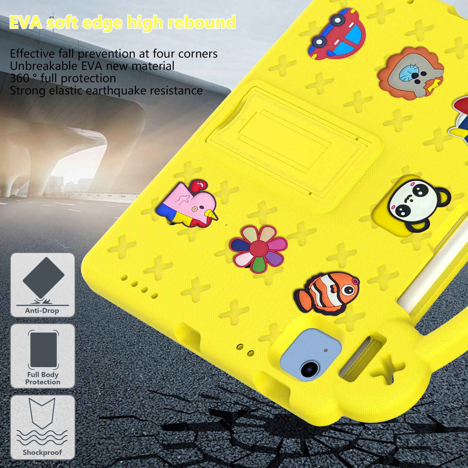 EVA soft edge high rebound  
Effective fall prevention at four corners  
Unbreakable EVA new material  
360° full protection  
Strong elastic earthquake resistance  

Anti-Drop  
Full Body Protection  
Shockproof