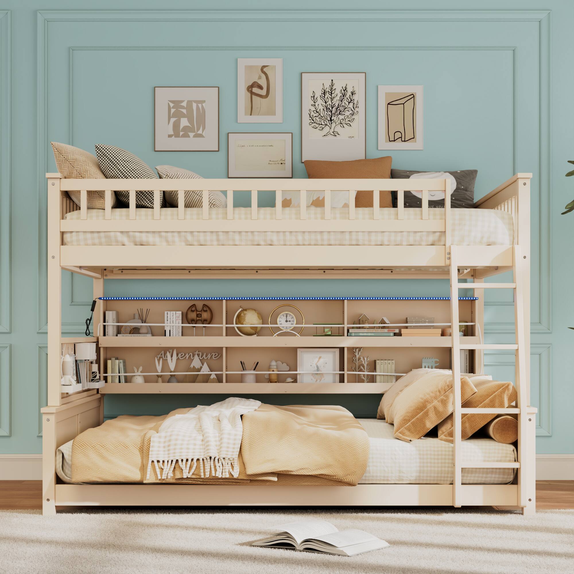 Angle. Anysun - Full XL over Queen Bunk Bed with Integrated Shelving, Color-Changing Lights and Pegboard - Beige.
