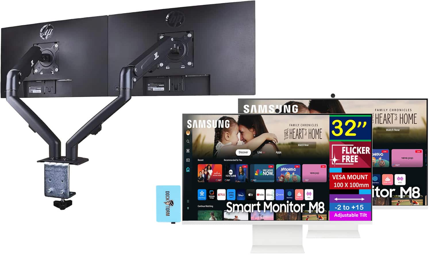 Samsung - M8 (M80D) 32" 4K UHD Smart Monitor with HDR10, HDMI (LS32DM801UNXZA) 2 Pack w/DKZ Hub & Ergoflexy Dual Mount Arm - White