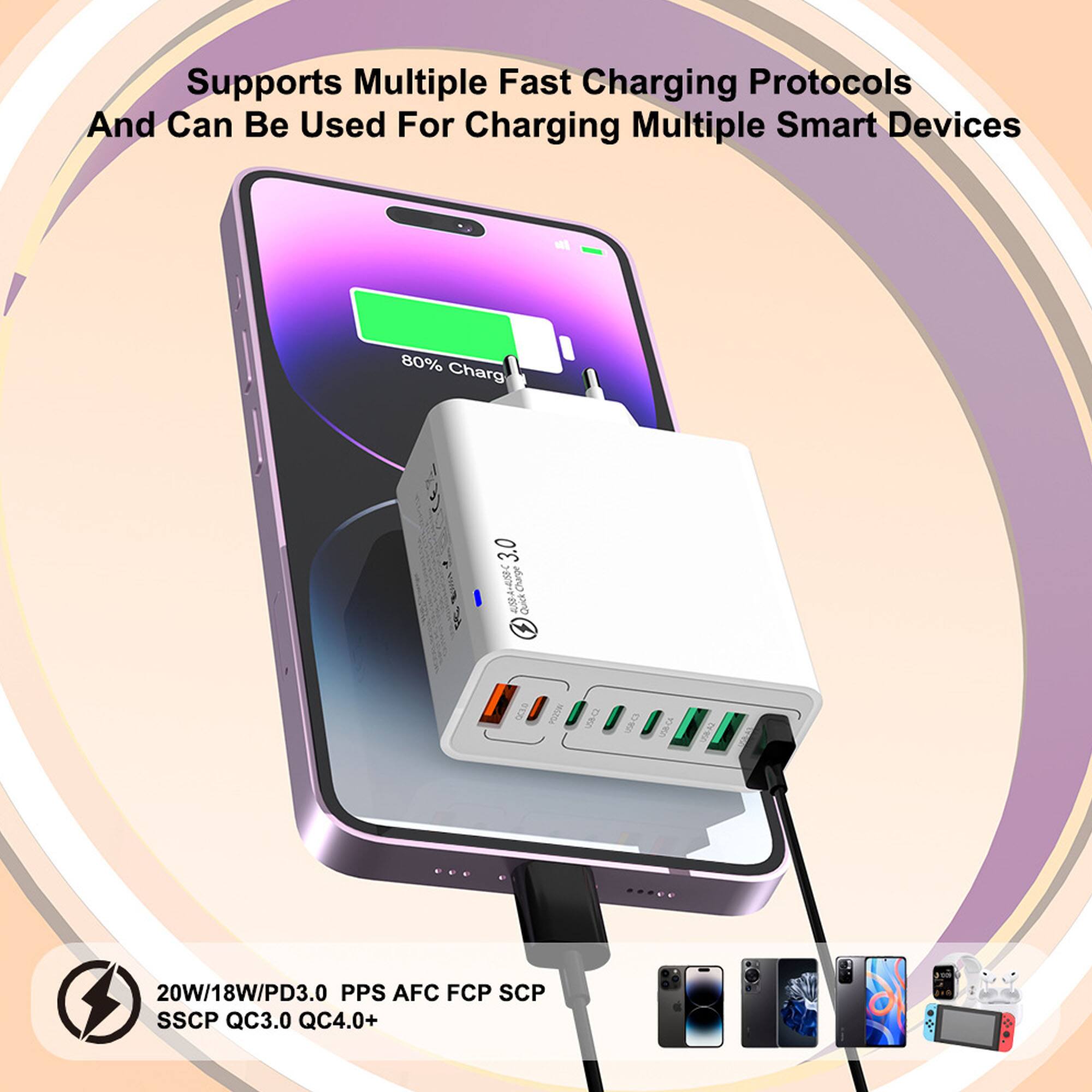 Supports Multiple Fast Charging Protocols And Can Be Used For Charging Multiple Smart Devices

80% Charged

20W/18W/PD3.0 PPS AFC FCP SCP SSCP QC3.0 QC4.0+