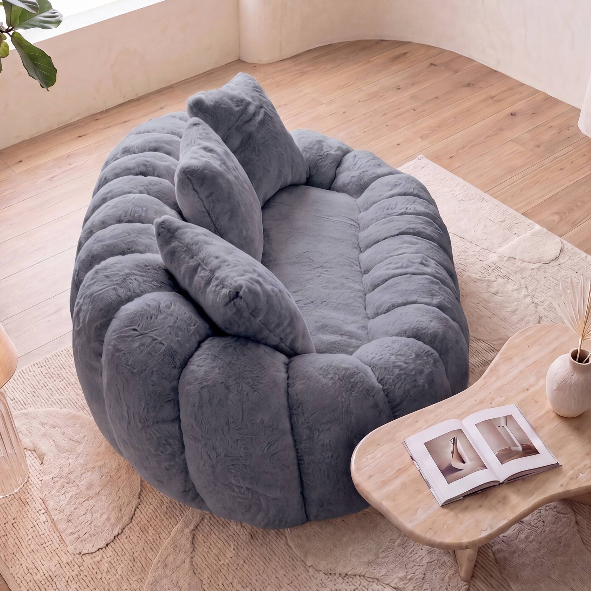 Left. Anysun - Floral-Shaped Sofa – Ultra-Soft Faux Fur Sofa, Large Living Room Two-Seater Sofa, Two-Person Style - Grey.