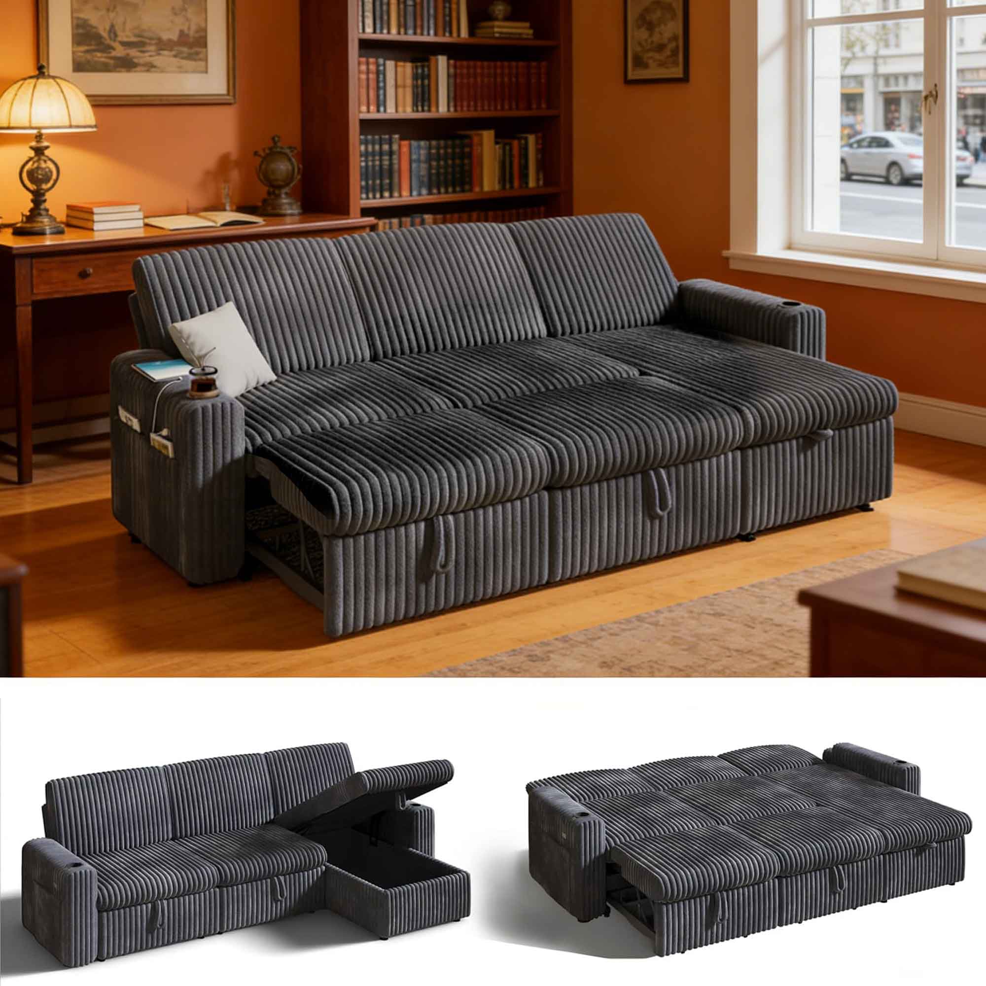Dyonery - 101" Sectional Sleeper Sofa Bed with Pull Out Bed, L Shaped Couch Sleeper Sofa,Plush Corduroy Gray - Gray
