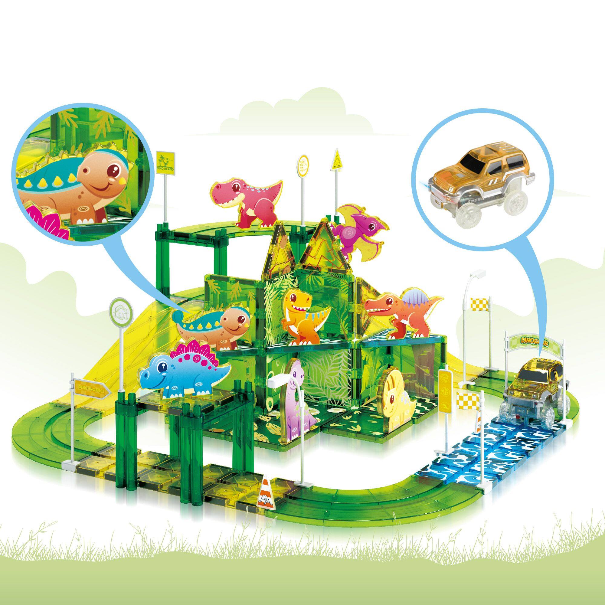 Alt View 4. PicassoTiles - PICASSO-TILES Race Track Magnetic Tiles for Kids, 89PCS with 2 Racing Cars, Dinosaur Theme STEM Building Blocks Toy - Multicolor.