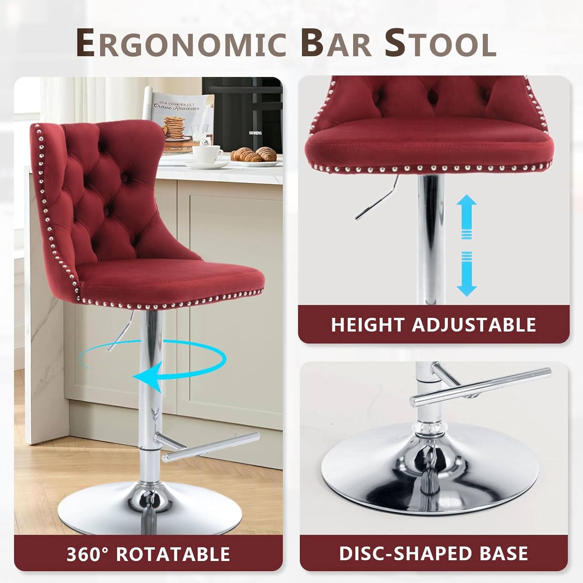 ERGONOMIC BAR STOOL

- HEIGHT ADJUSTABLE
- 360° ROTATABLE
- DISC-SHAPED BASE